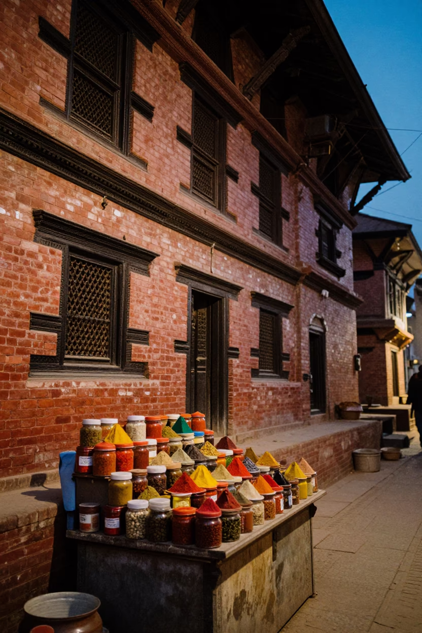 Kathmandu Nepal evening street scene with spice jars and traditional architecture in in Kathmandu, Nepal