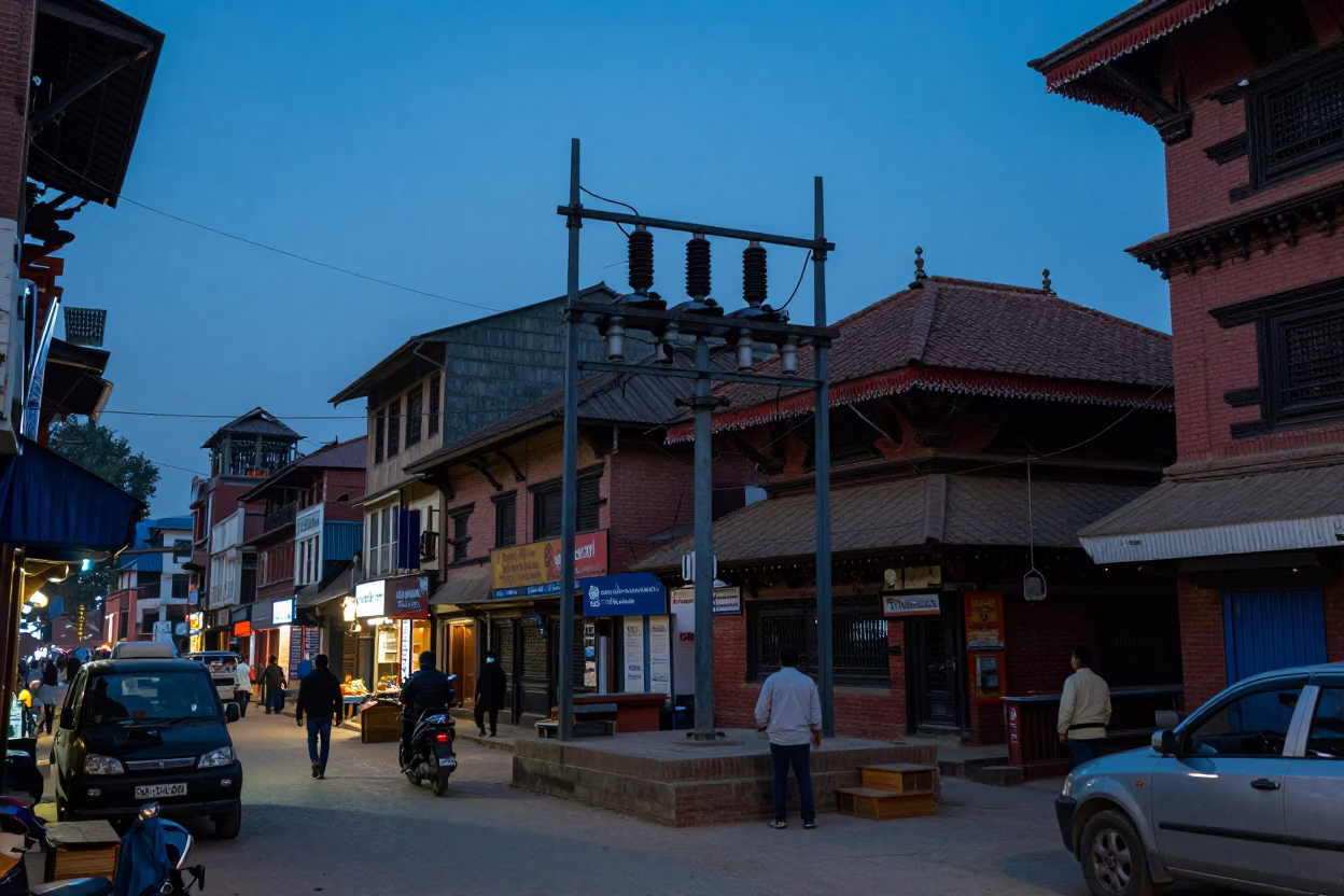 Kathmandu Nepal Evening Street Scene with Substation Busbars and Local Traffic in in Kathmandu, Nepal