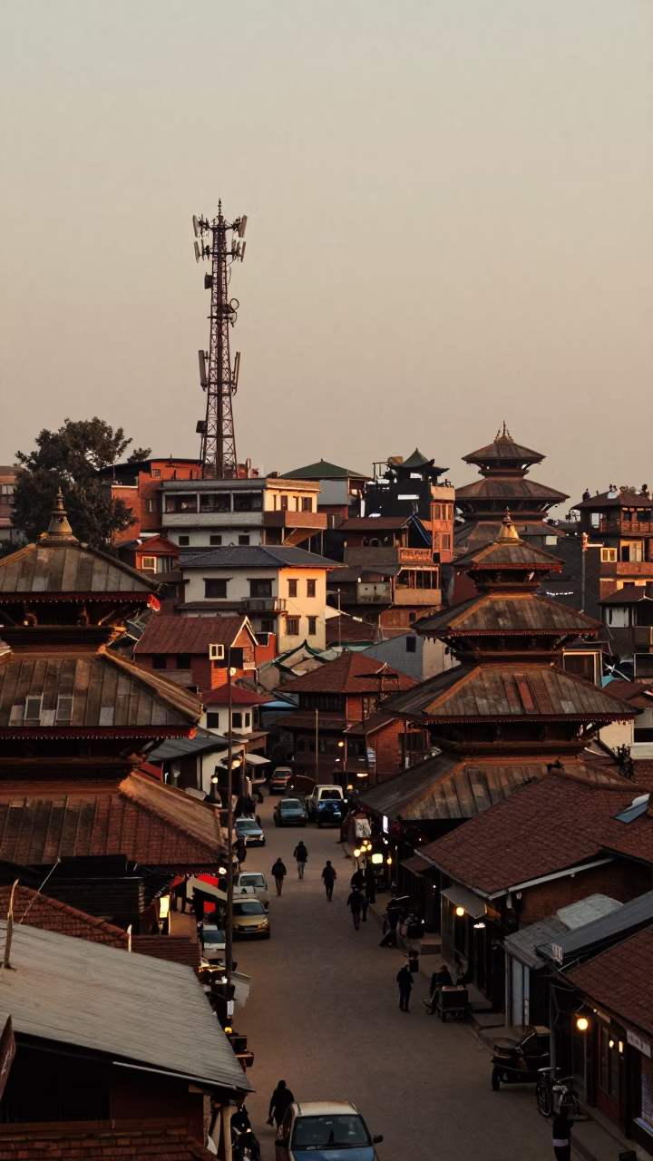 Kathmandu Nepal Evening Street Scene with Telecommunication Mast and Local Life in in Kathmandu, Nepal