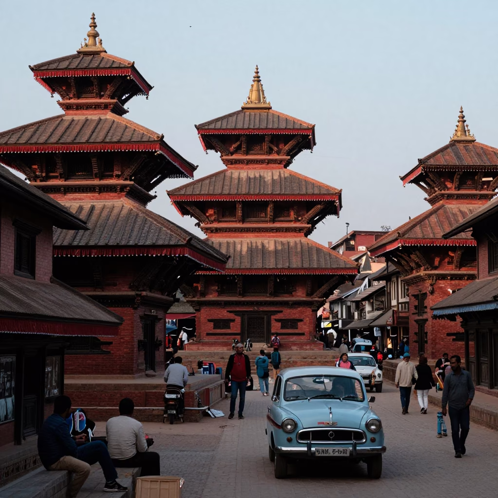 Kathmandu Nepal Evening Street Scene with Traditional Architecture and Local Life in in Kathmandu, Nepal