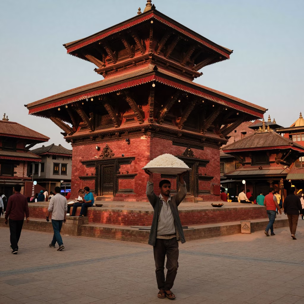Kathmandu Nepal Evening Street Scene with Traditional Food and Local Life in in Kathmandu, Nepal