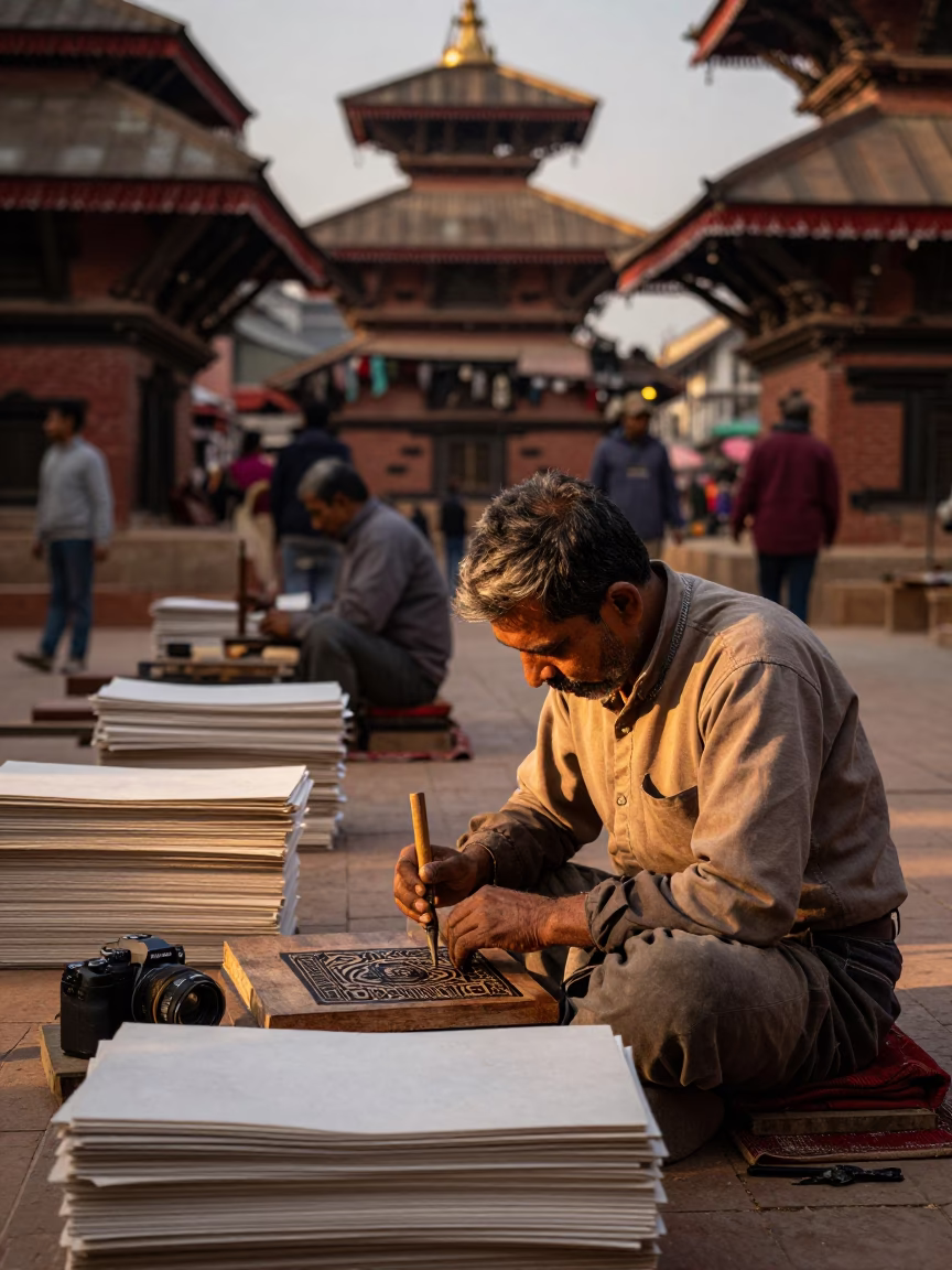 Kathmandu Nepal Evening Street Scene with Traditional Woodblock Printmaker Carving Plate in Honeyed Light in in Kathmandu, Nepal