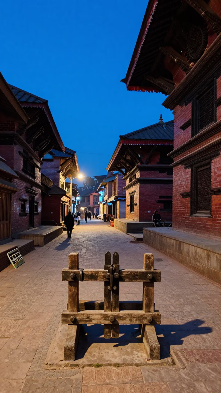 Kathmandu Nepal Evening Street Scene with Traditional Wooden Latch and Leaf Shadows in in Kathmandu, Nepal