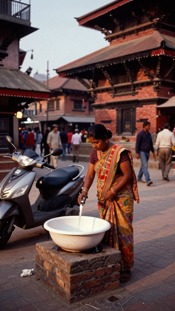 Kathmandu Nepal Evening Street Scene with Wash Basin and Scooter Traffic in in Kathmandu, Nepal