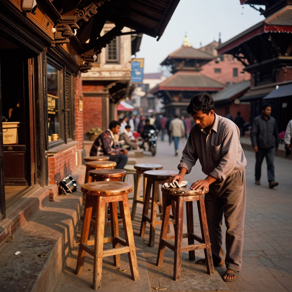 Kathmandu Nepal Evening Street Scene with Wooden Bar Stools and Local Life in in Kathmandu, Nepal