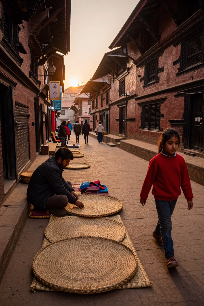 Kathmandu Nepal Evening Street Scene with Woven Mats and Local Commerce in in Kathmandu, Nepal
