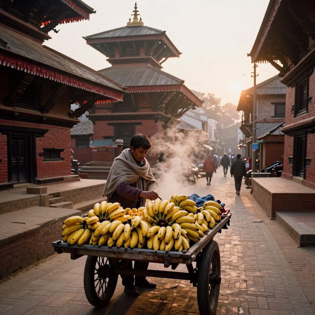 Kathmandu Nepal First Light Dawn Street Scene with Local Vendor and Bananas in in Kathmandu, Nepal
