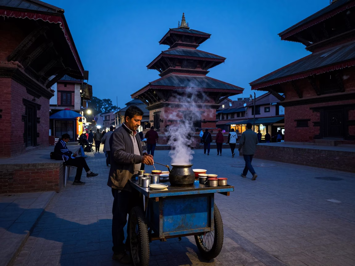 Kathmandu Nepal indigo twilight street scene with chai vendor and local traffic in in Kathmandu, Nepal