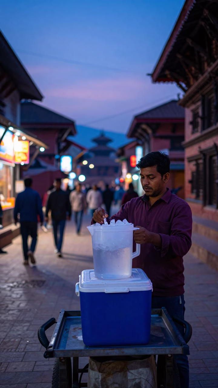 Kathmandu Nepal indigo twilight street scene with cooler jug and brass details in in Kathmandu, Nepal