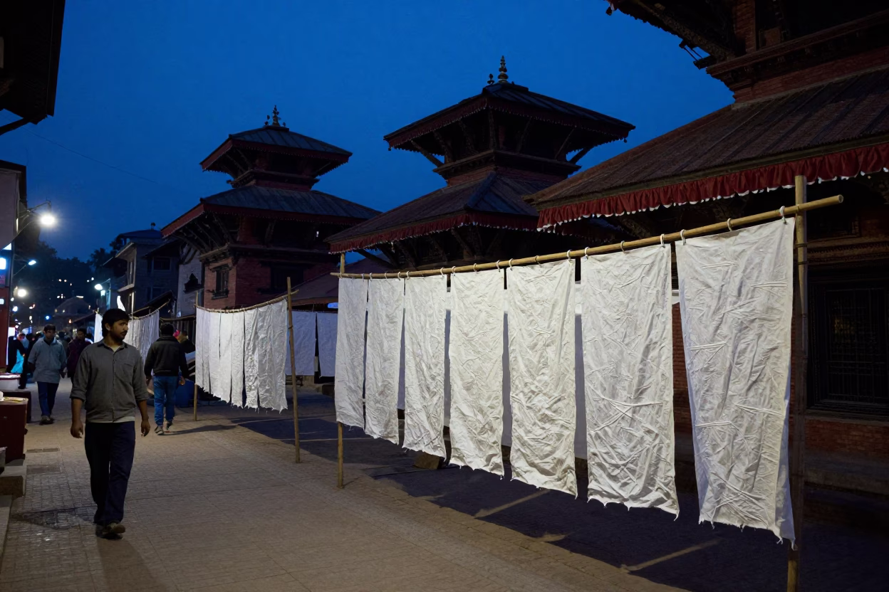 Kathmandu Nepal indigo twilight street scene with drying handmade paper and bicycle in in Kathmandu, Nepal