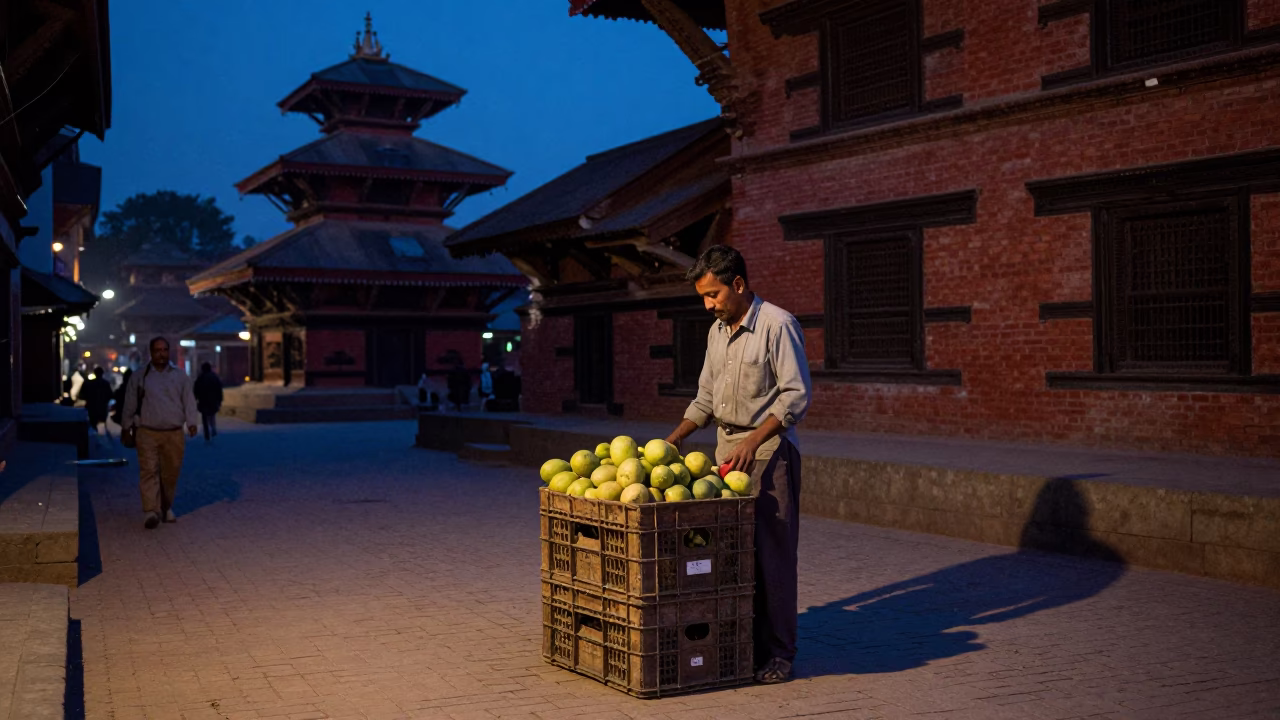 Kathmandu Nepal indigo twilight street scene with fruit crate and local interaction in in Kathmandu, Nepal