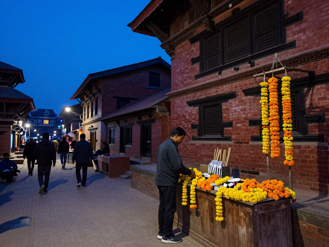 Kathmandu Nepal indigo twilight street scene with local shopkeeper and traditional architecture in in Kathmandu, Nepal