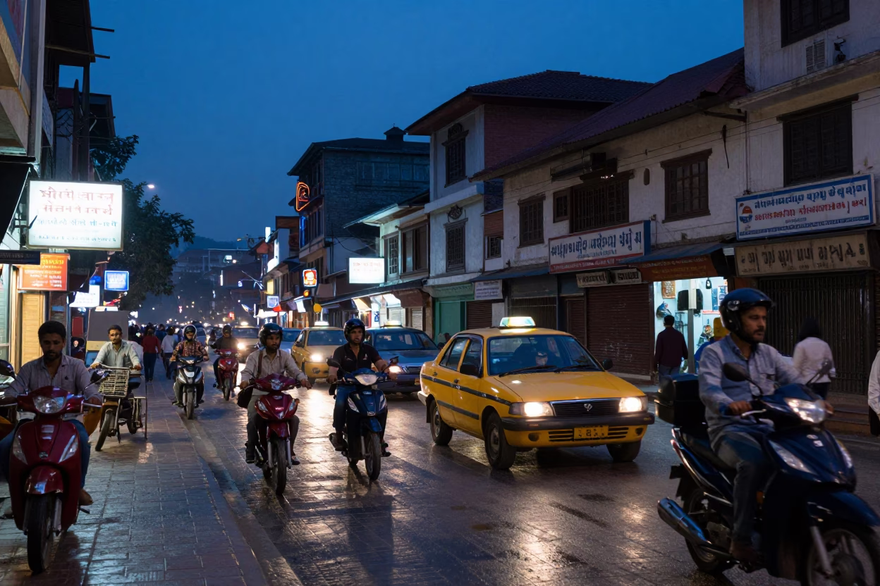 Kathmandu Nepal indigo twilight street scene with neon signs and traffic in in Kathmandu, Nepal