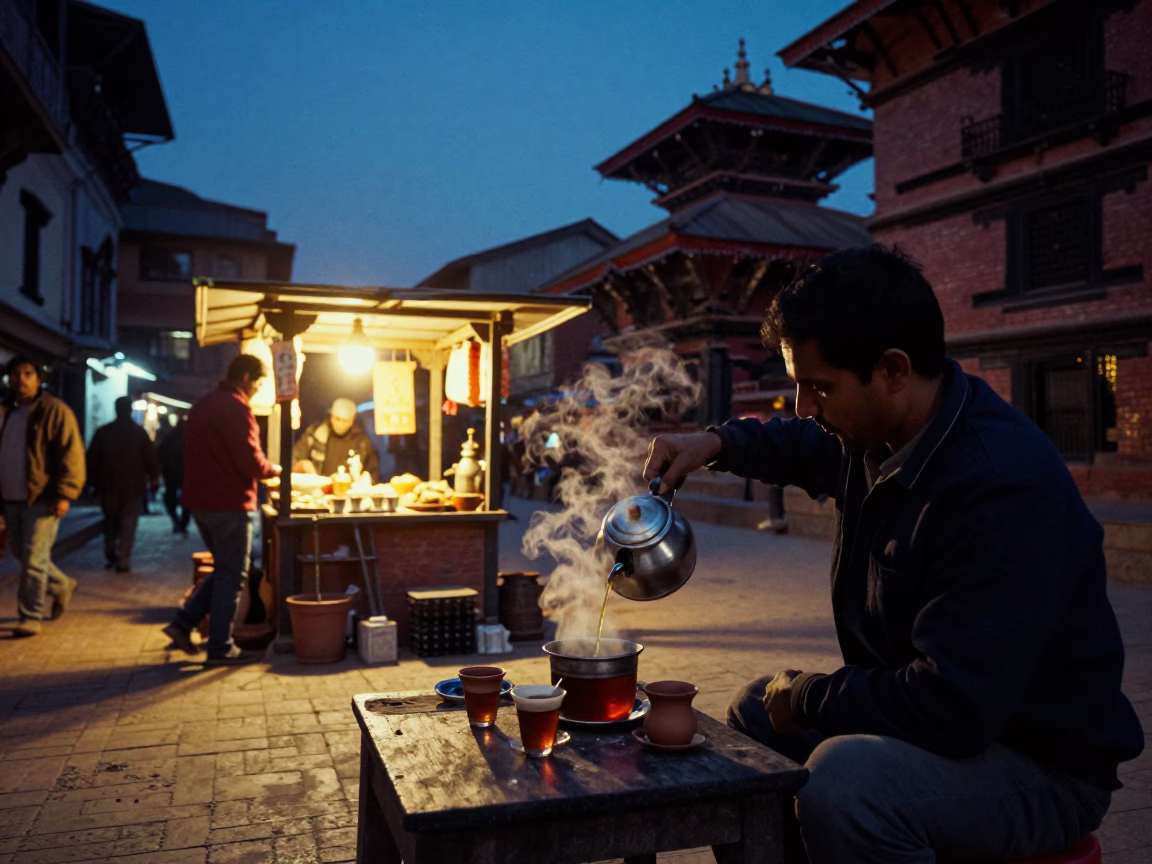 Kathmandu Nepal indigo twilight street scene with steaming tea and brass mirror in in Kathmandu, Nepal