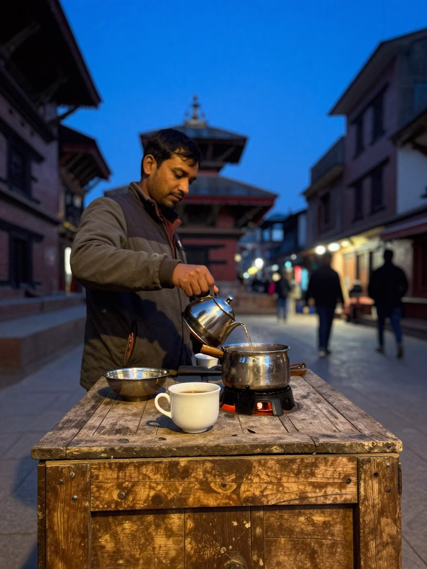 Kathmandu Nepal indigo twilight street scene with tea cup and rustic crate in in Kathmandu, Nepal