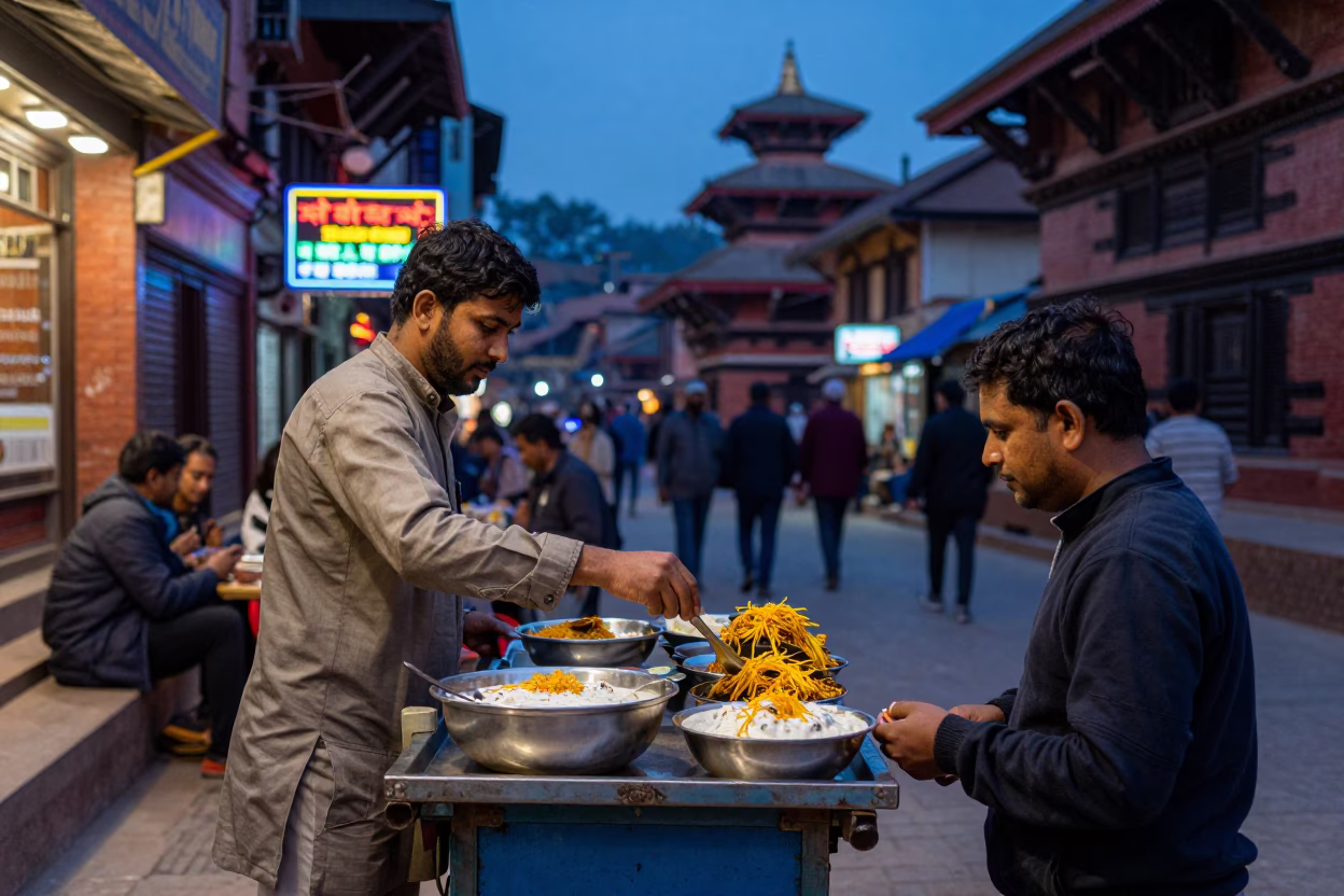 Kathmandu Nepal indigo twilight street scene with traditional food and daily life in in Kathmandu, Nepal