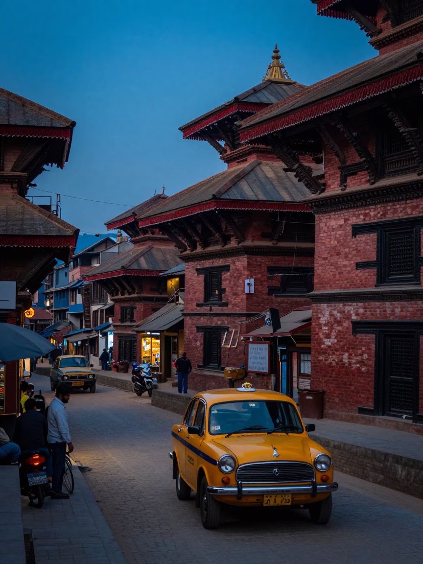 Kathmandu Nepal indigo twilight street scene with yellow taxi and metal bucket in in Kathmandu, Nepal