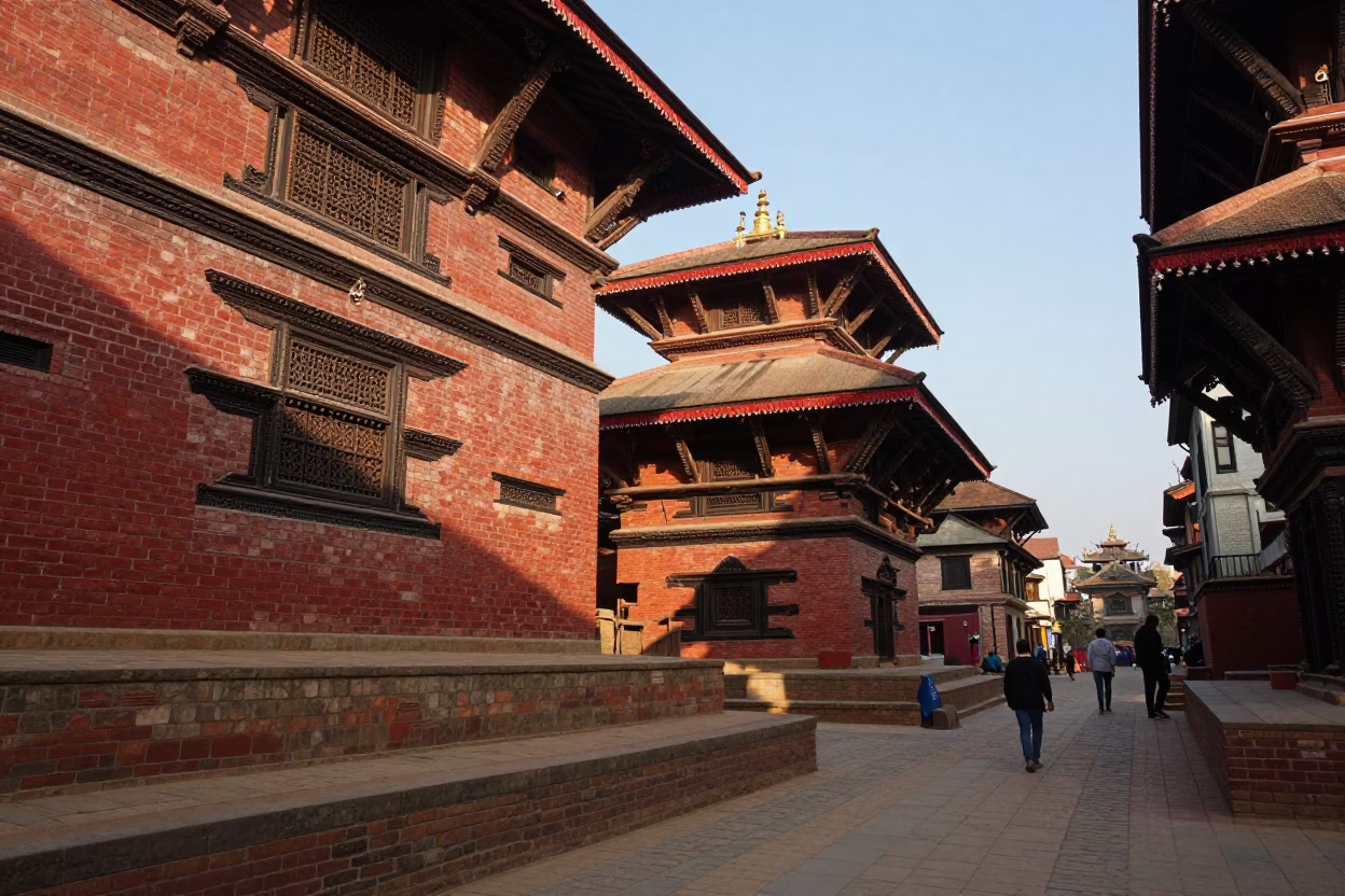 Kathmandu Nepal Late Afternoon Street Scene with Brick Architecture and Daily Life in in Kathmandu, Nepal