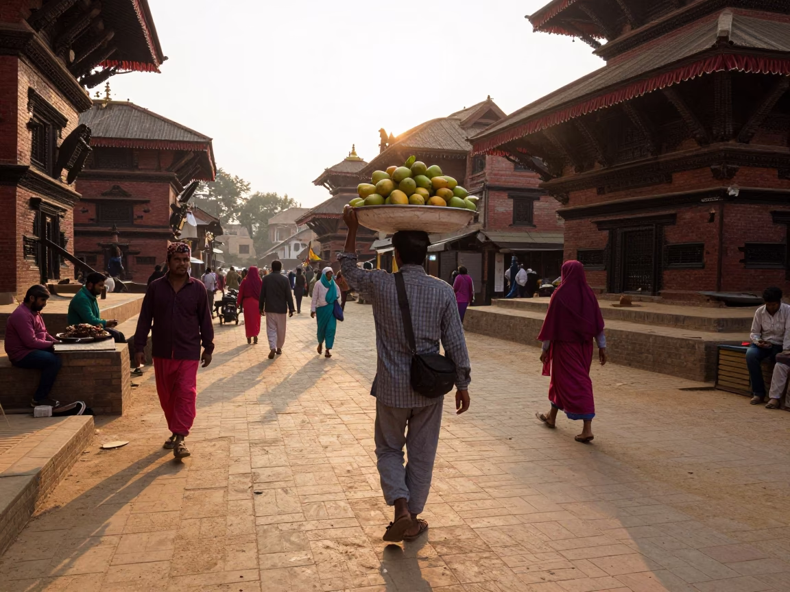Kathmandu Nepal Late Afternoon Street Scene with Mangoes and Local Market Activity in in Kathmandu, Nepal