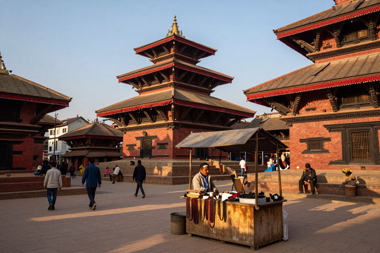 Kathmandu Nepal Late Afternoon Street Scene with Prayer Beads and Local Life in in Kathmandu, Nepal