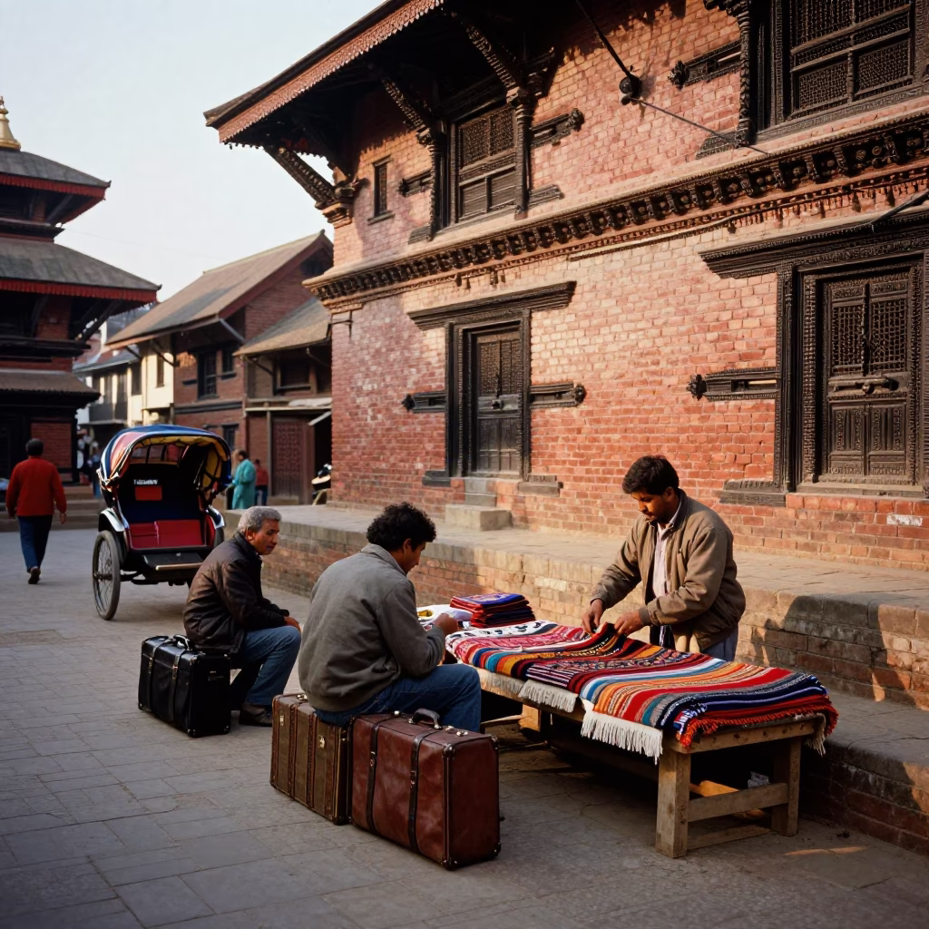 Kathmandu Nepal late afternoon street scene with suitcases and local travelers in in Kathmandu, Nepal