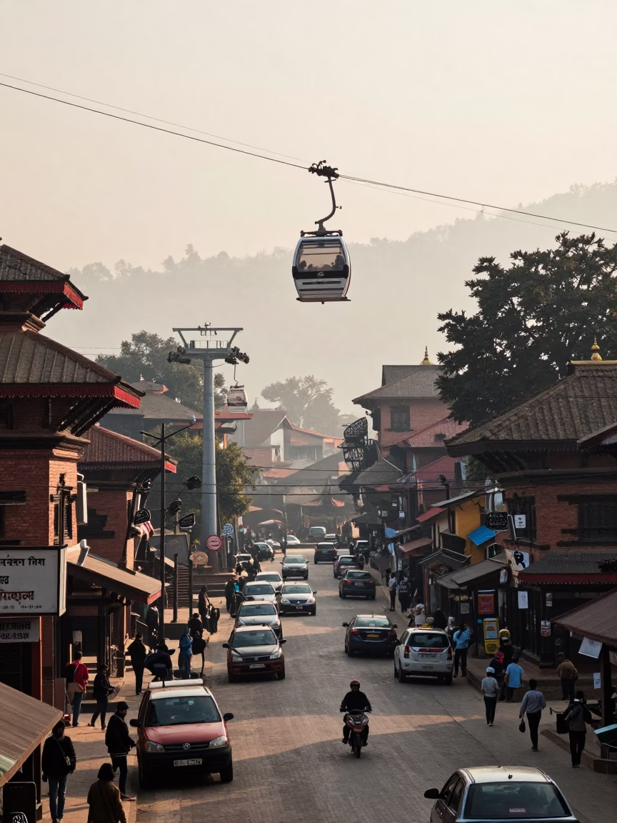 Kathmandu Nepal Late Morning Street Scene with Aerial Tramway Gondola Above Fog in in Kathmandu, Nepal