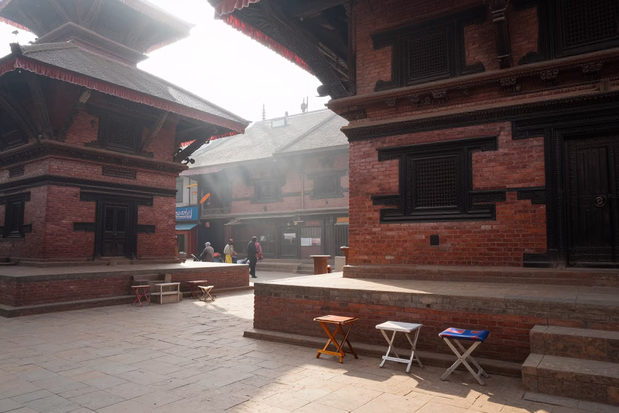 Kathmandu Nepal Late Morning Street Scene with Folding Stools and Mending Basket in in Kathmandu, Nepal