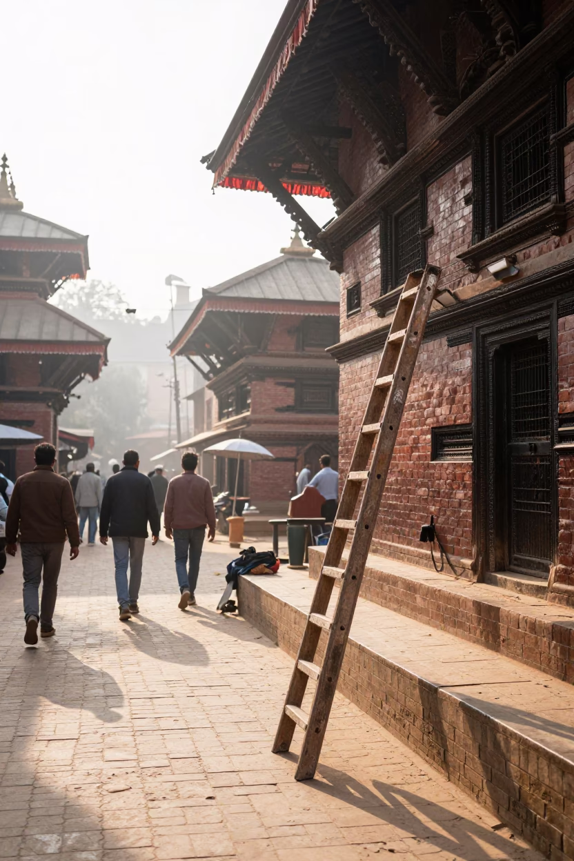 Kathmandu Nepal Late Morning Street Scene with Step Ladder and Local Commerce in in Kathmandu, Nepal