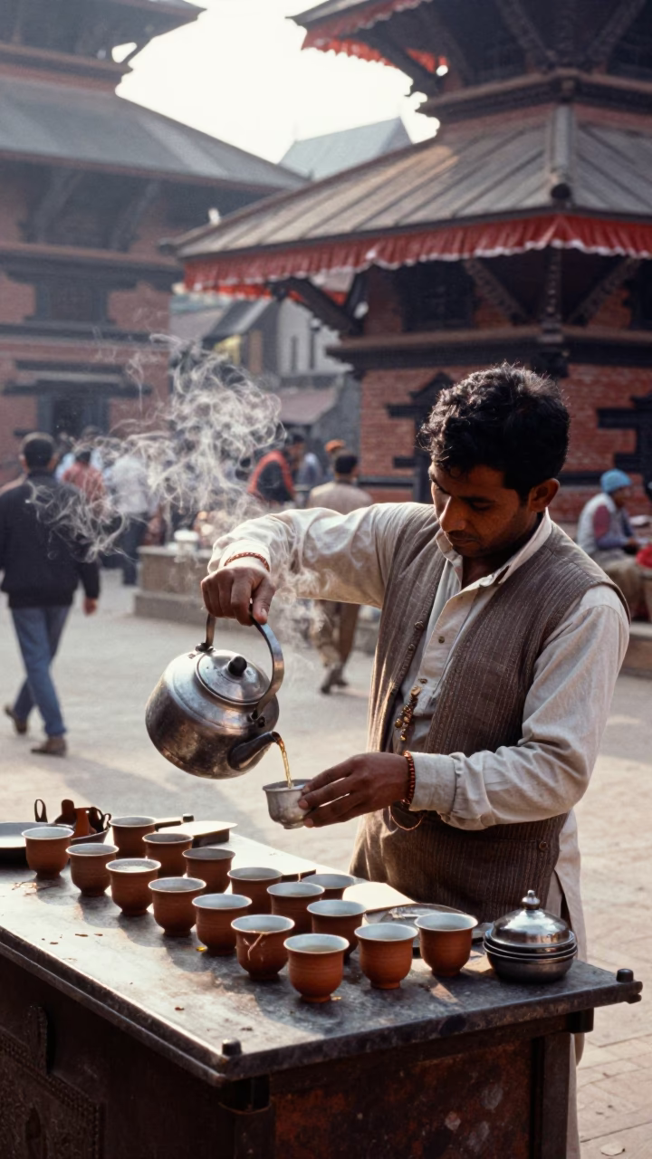 Kathmandu Nepal Late Morning Street Scene with Tea Tin and Teacups in in Kathmandu, Nepal