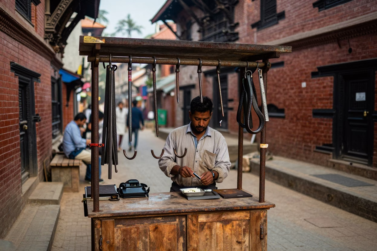 Kathmandu Nepal Late Morning Street Scene with Tool Hooks and Tea Stains in in Kathmandu, Nepal