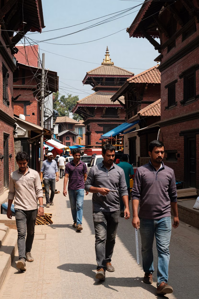 Kathmandu Nepal Midday Street Scene with Folding Ruler and Construction Activity in in Kathmandu, Nepal