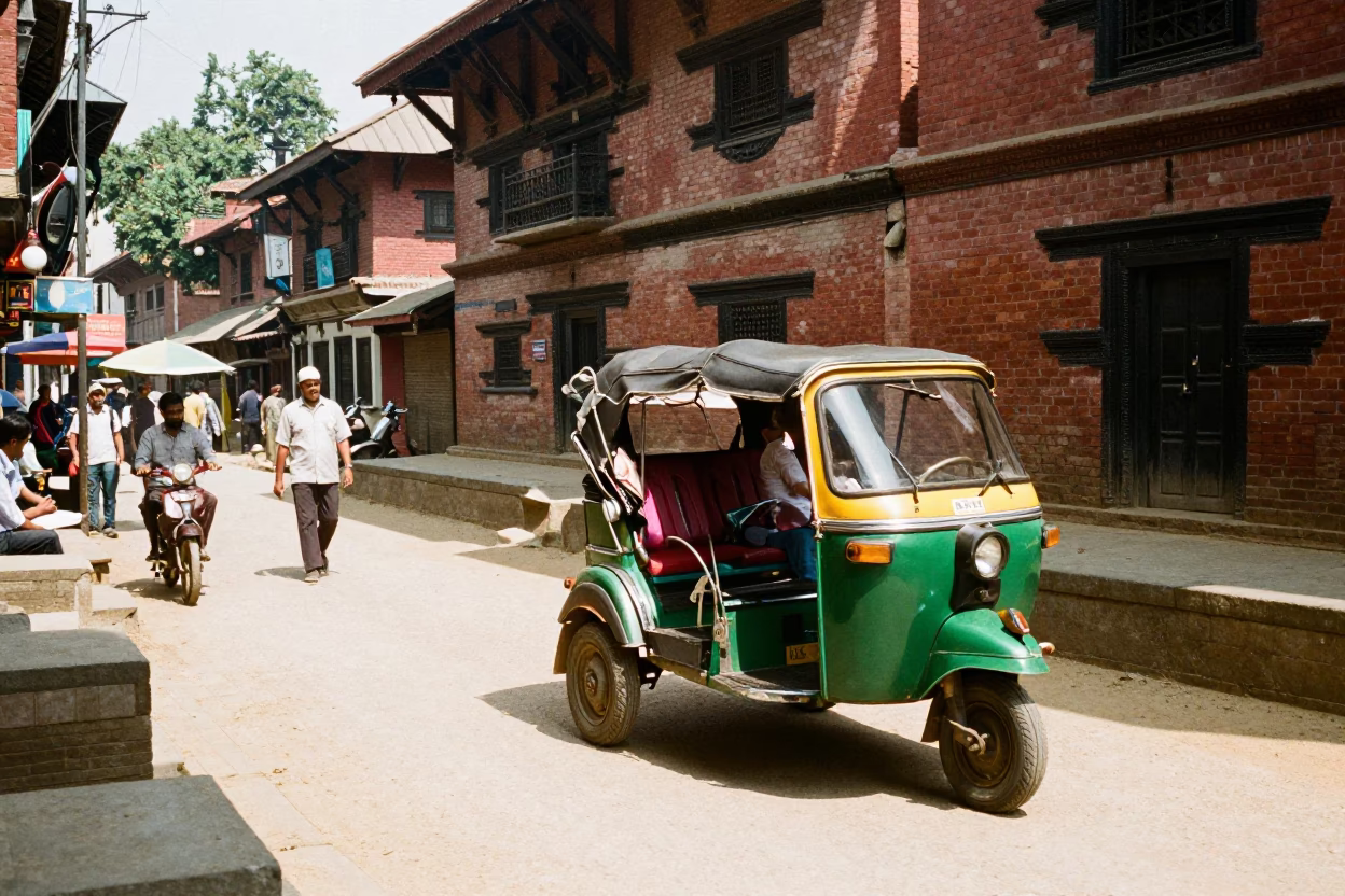 Kathmandu Nepal Midday Street Scene with Rickshaw and Urban Activity in in Kathmandu, Nepal