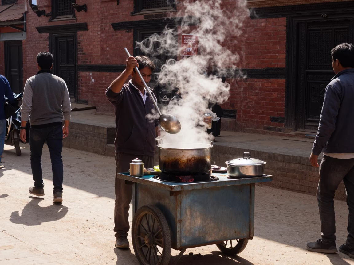 Kathmandu Nepal Midday Street Scene with Steaming Hotpot Ladle and Slippers in in Kathmandu, Nepal