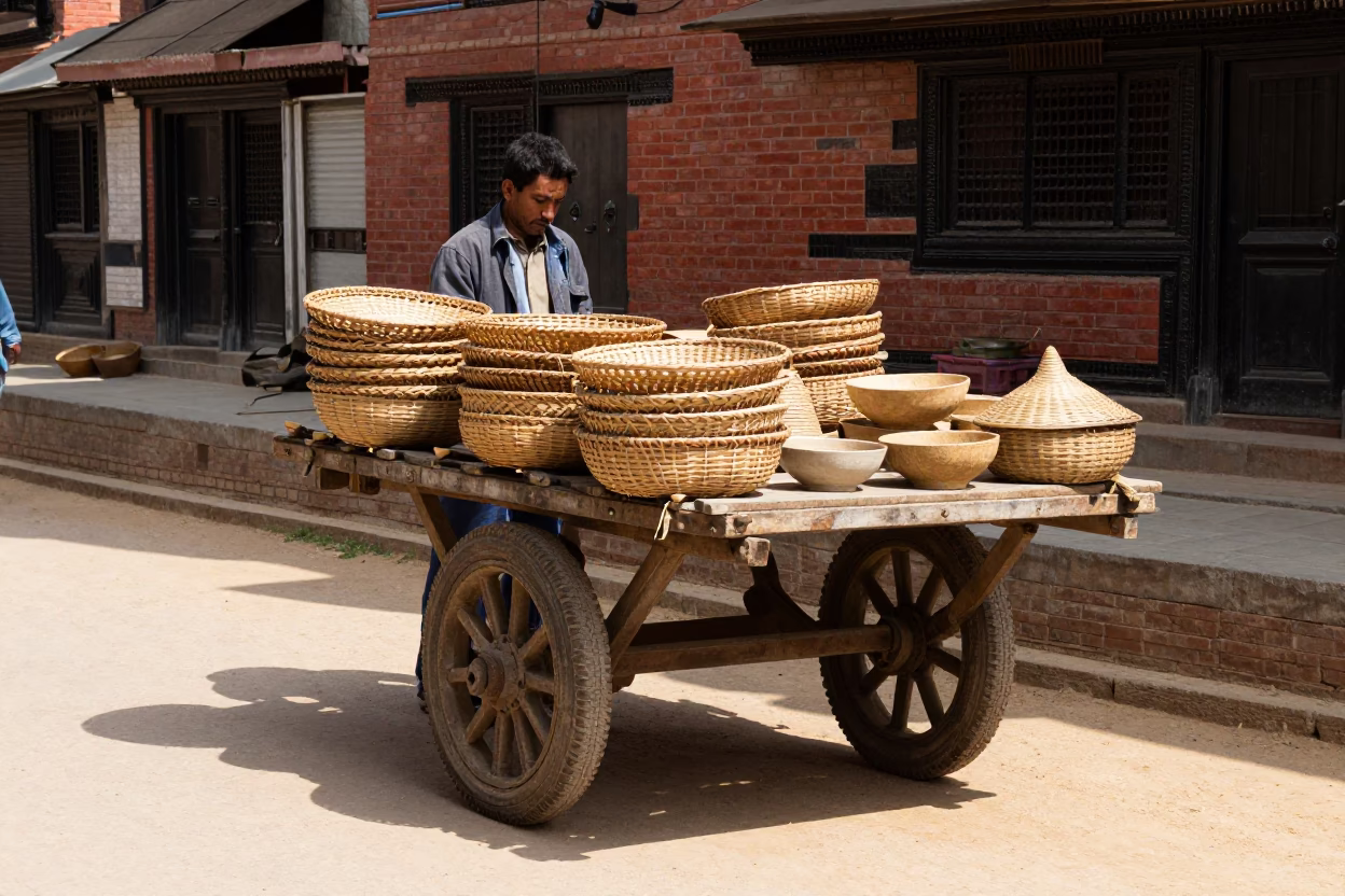 Kathmandu Nepal Midday Street Scene with Woven Baskets and Bowl of Kheer in in Kathmandu, Nepal