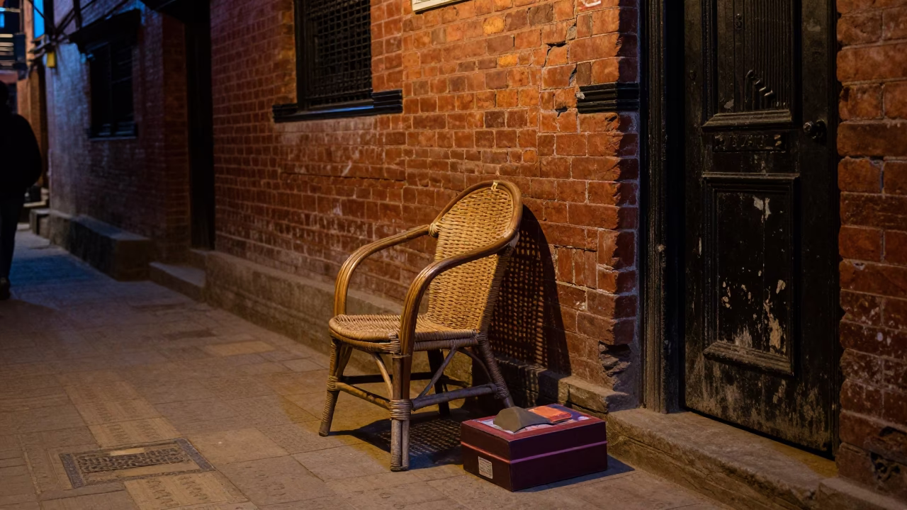 Kathmandu Nepal Midnight Street Scene with Rattan Chair and Shoebox on Cobblestone in in Kathmandu, Nepal