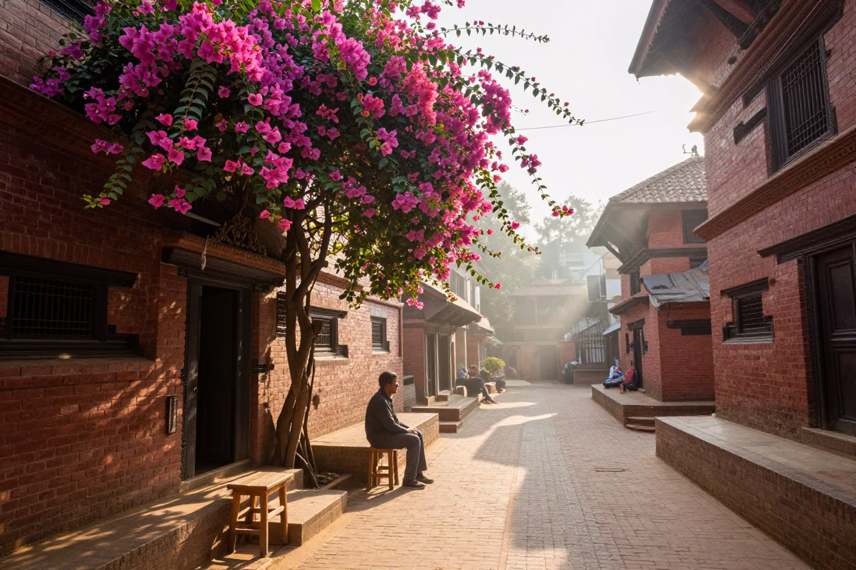 Kathmandu Nepal Morning Street Scene with Bougainvillea and Wooden Stool After Sunrise in in Kathmandu, Nepal