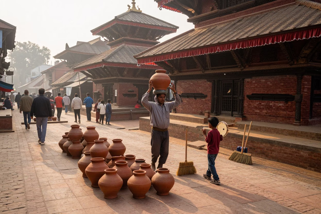 Kathmandu Nepal Morning Street Scene with Clay Pots and Brooms at Sunrise in in Kathmandu, Nepal