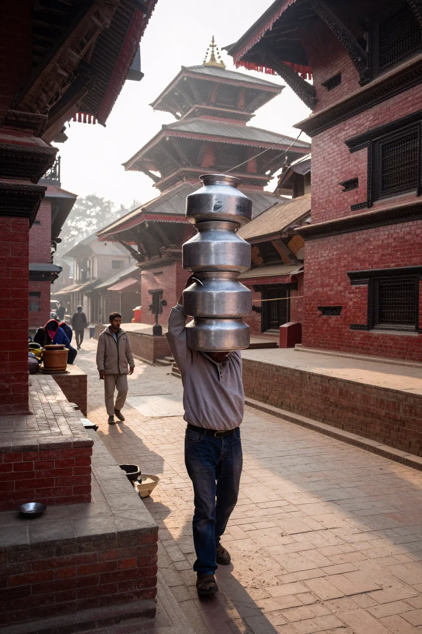 Kathmandu Nepal Morning Street Scene with Local Vendor and Traditional Pot Lid in in Kathmandu, Nepal