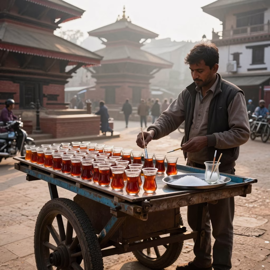 Kathmandu Nepal Morning Street Scene with Paintbrush and Glass Sugar Jar in in Kathmandu, Nepal