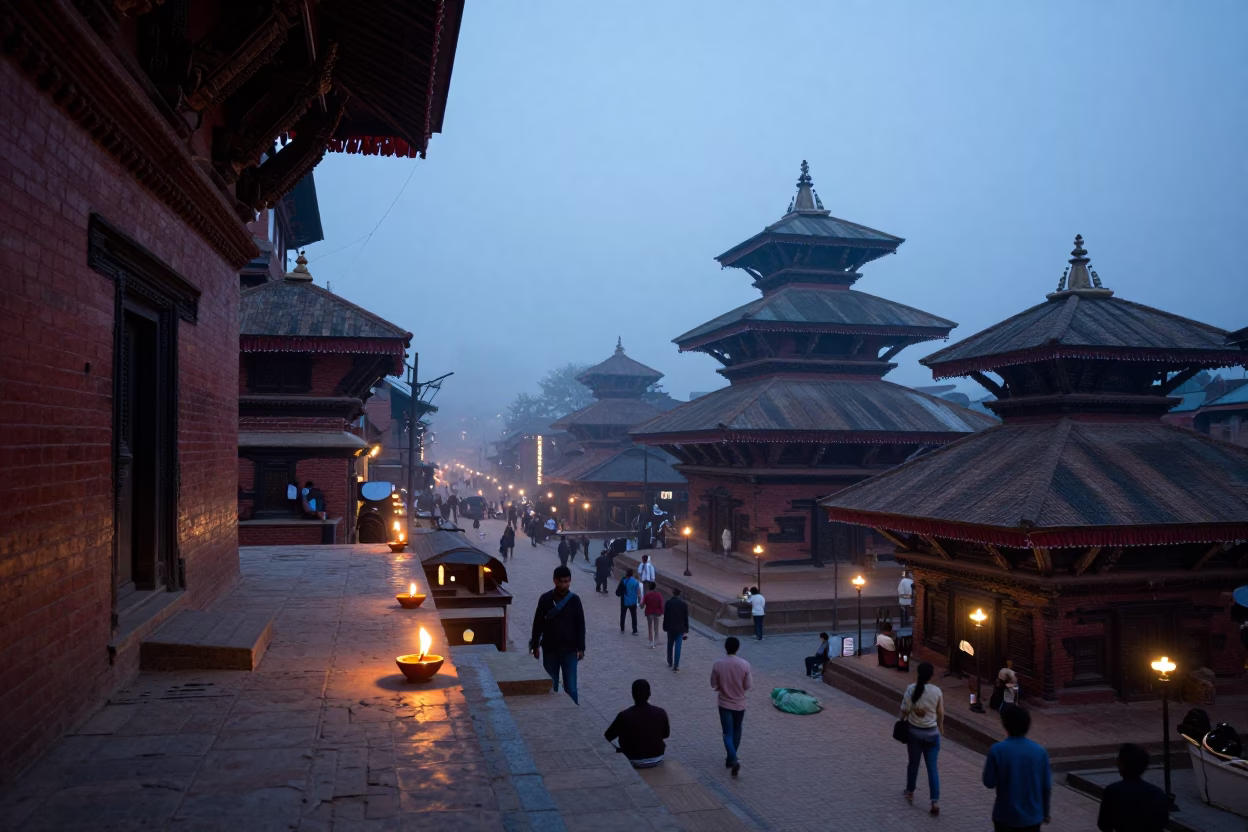 Kathmandu Nepal Nautical Dawn Street Scene with Diwali Oil Lamps and Local Life in in Kathmandu, Nepal