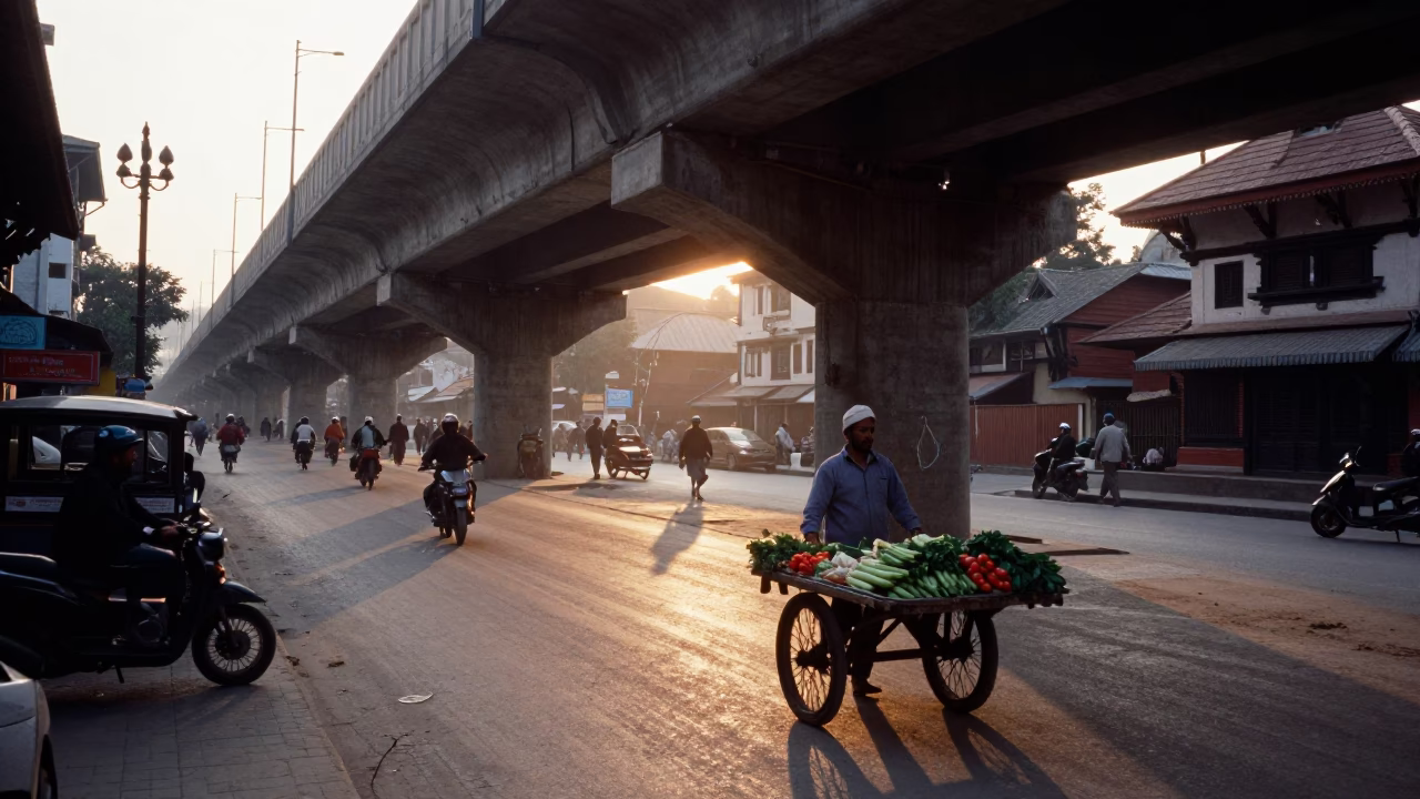 Kathmandu Nepal Nautical Dawn Street Scene with Flyover Shadows and Morning Commute in in Kathmandu, Nepal
