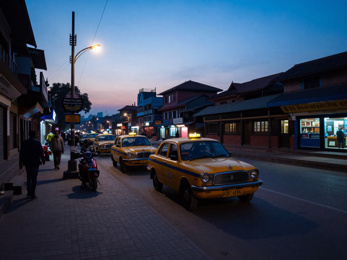 Kathmandu Nepal Nautical Dawn Street Scene with Taxi Rank and Traditional Architecture in in Kathmandu, Nepal