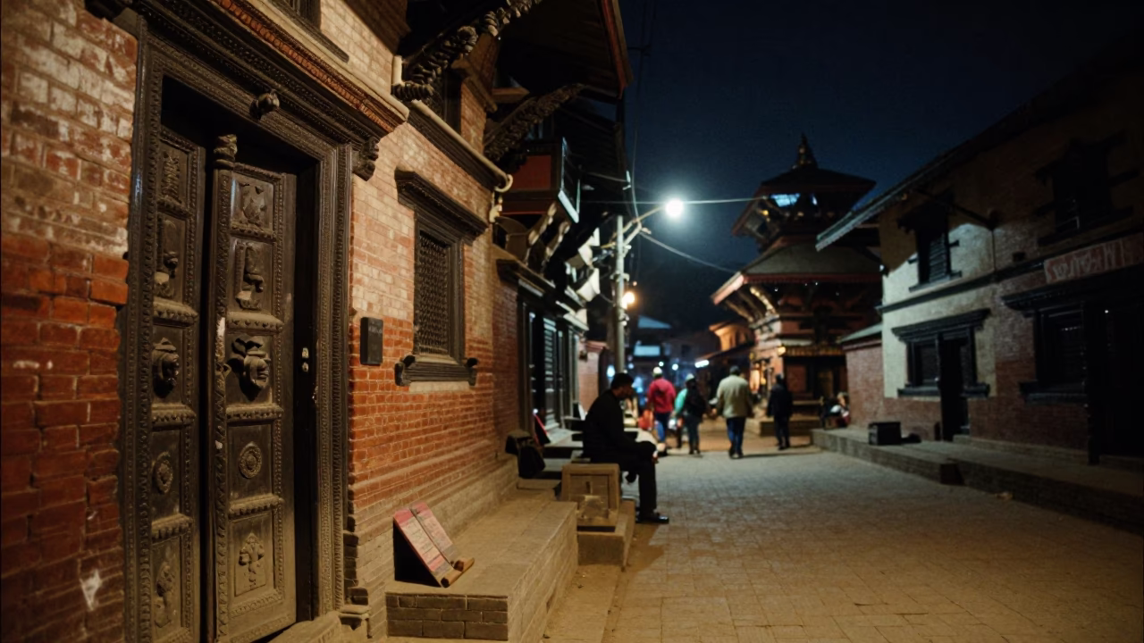 Kathmandu Nepal Night Street Scene with Traditional Architecture and Local Life in in Kathmandu, Nepal
