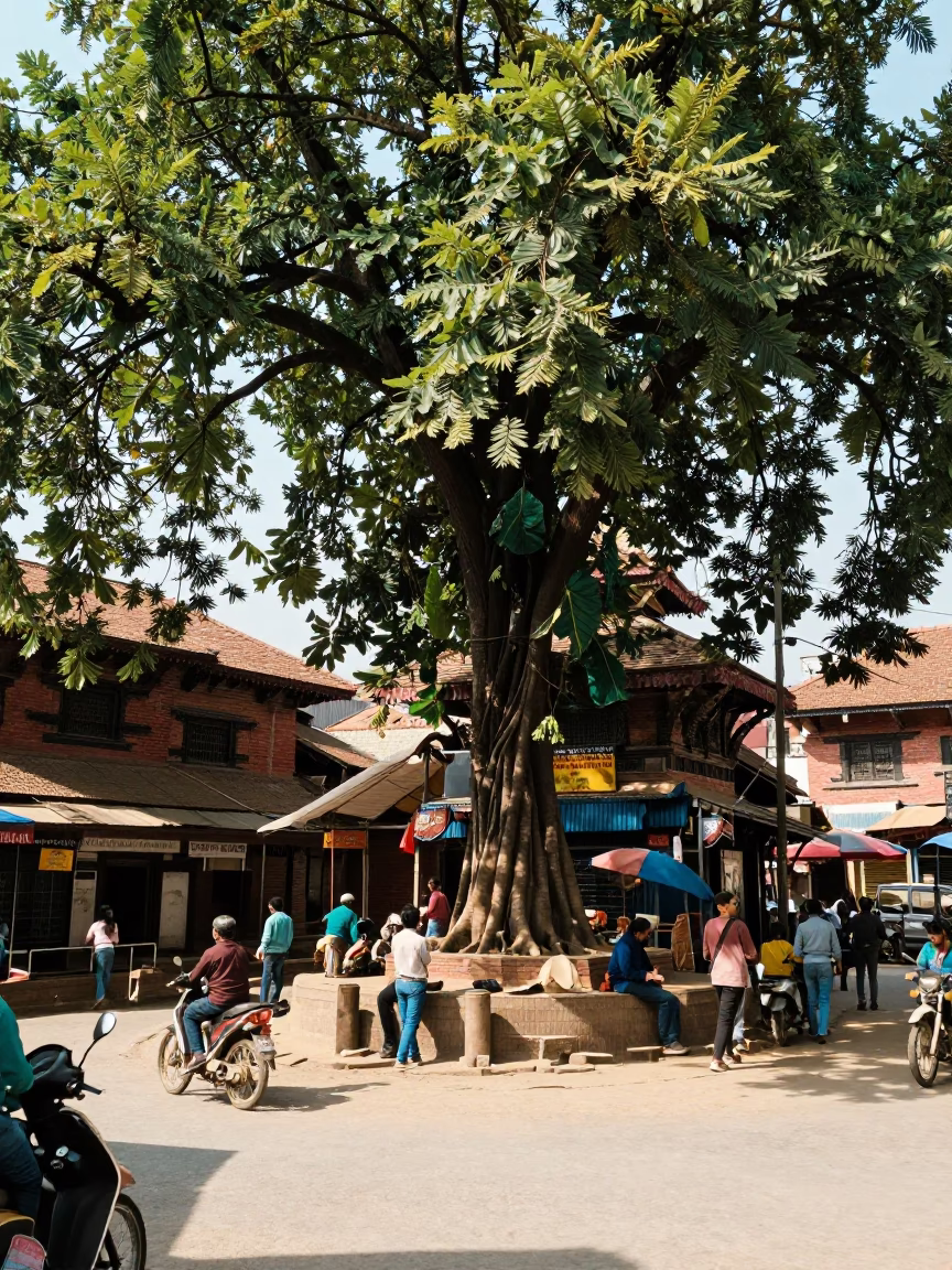 Kathmandu Nepal Noon Street Scene with Banyan Tree and Local Life in in Kathmandu, Nepal