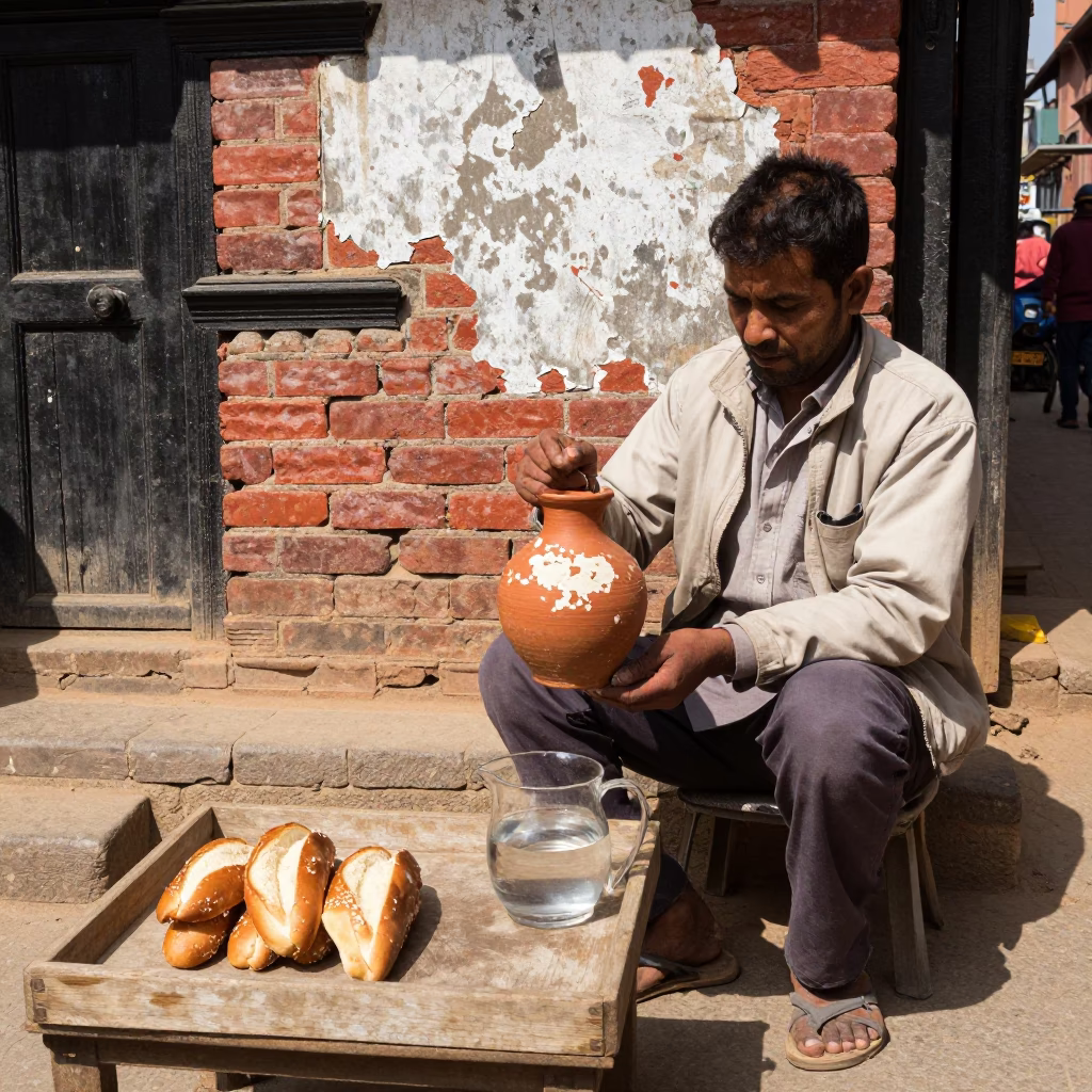 Kathmandu Nepal Noon Street Scene with Bread and Pitcher in in Kathmandu, Nepal