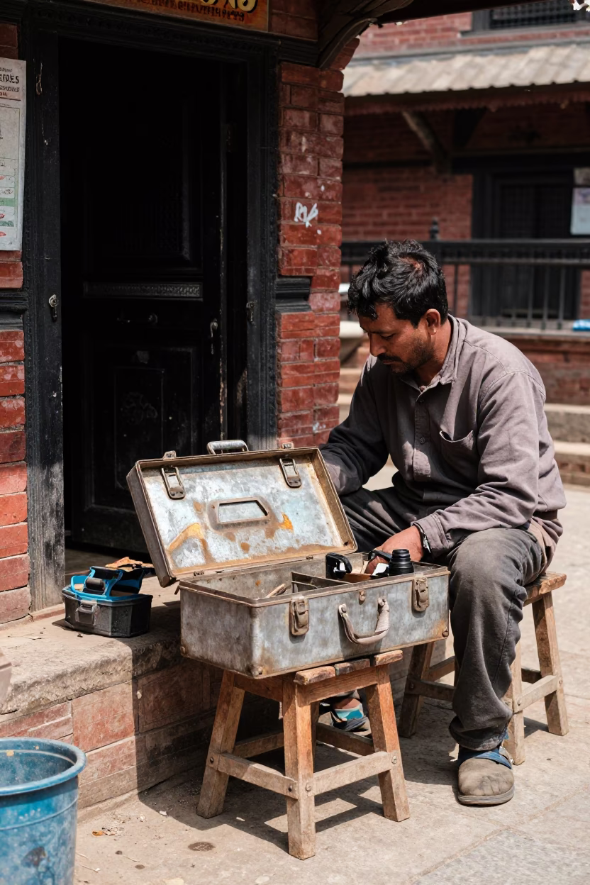 Kathmandu Nepal Noon Street Scene with Toolboxes and Grease Stains in in Kathmandu, Nepal