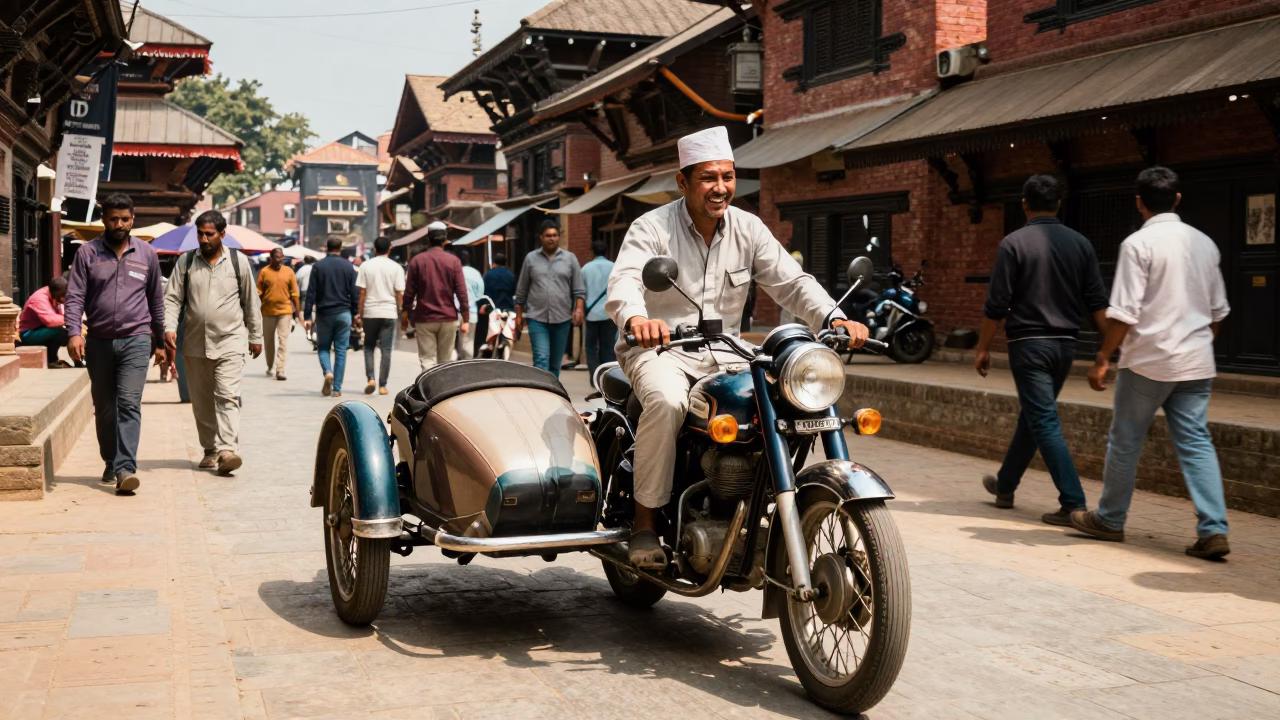 Kathmandu Nepal Noon Street Scene with Vintage Motorcycle Sidecar and Local Interaction in in Kathmandu, Nepal