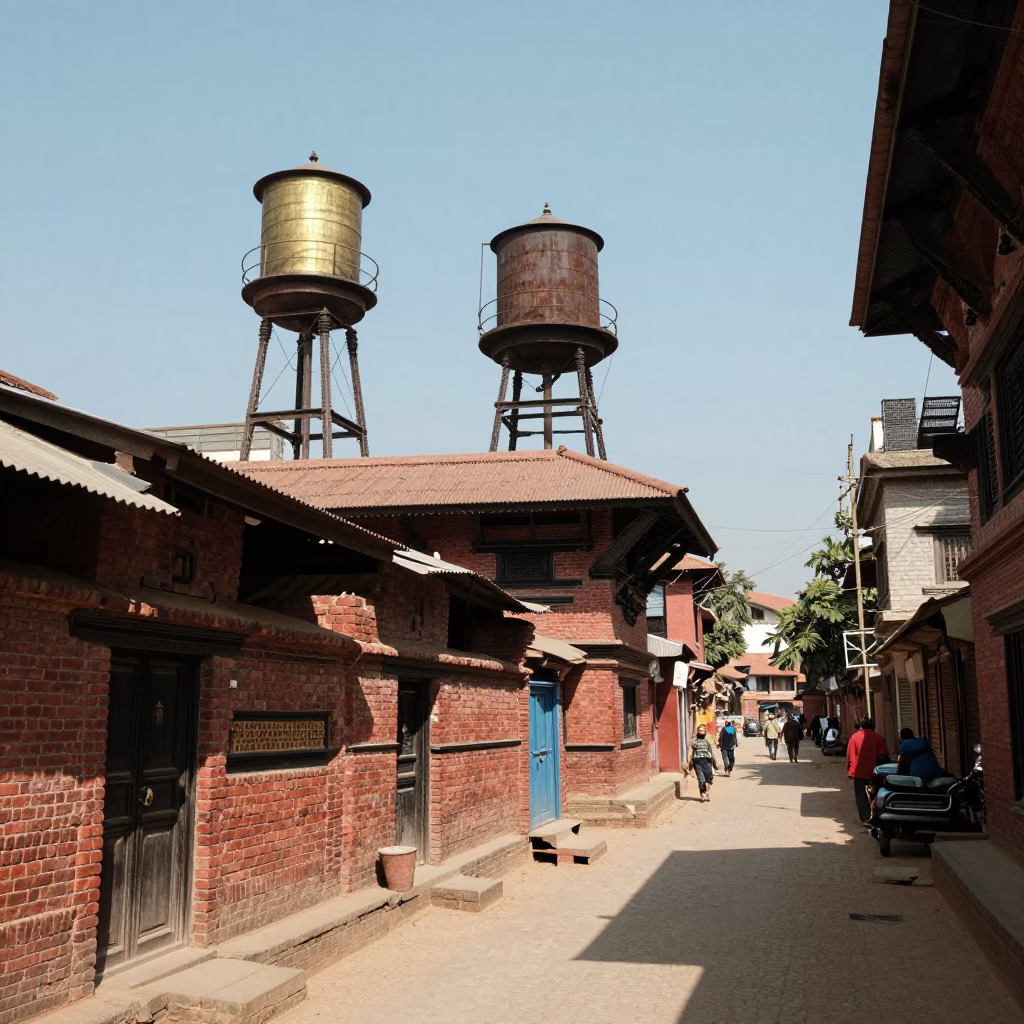 Kathmandu Nepal noon street scene with water tower and brass water pot in in Kathmandu, Nepal