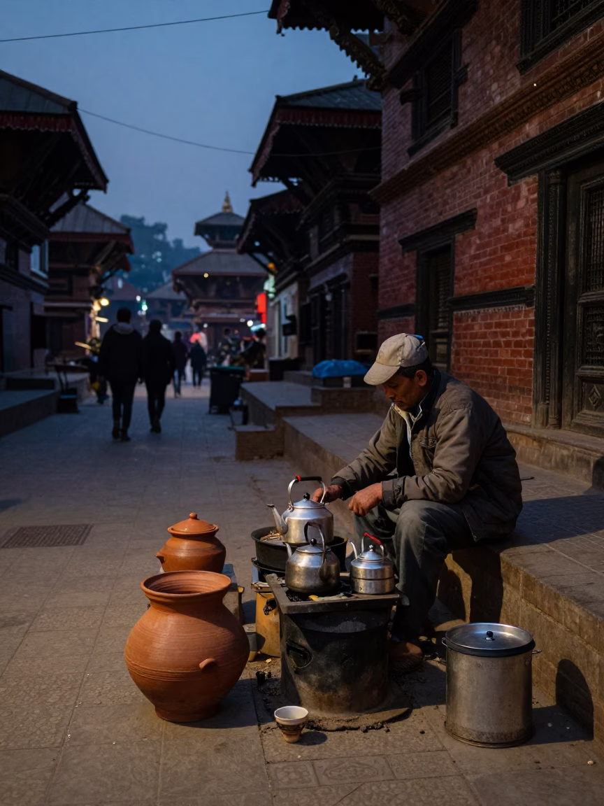 Kathmandu Nepal Predawn Street Scene with Clay Pot and Tea Kettles in in Kathmandu, Nepal