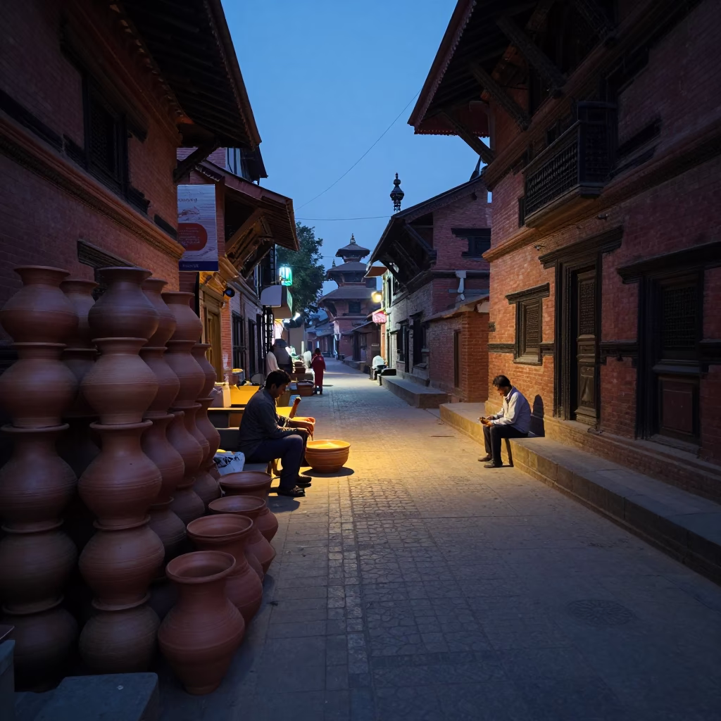 Kathmandu Nepal predawn street scene with clay pots and traditional architecture in in Kathmandu, Nepal